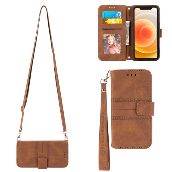Feishell iPhone 13 Case with Credit Cards Holder, Wallet Magnetic Crossbody Shoulder Strap Flip Stand Purse Premium PU Leather Cover for iPhone 13 6.1 Inch, Brown