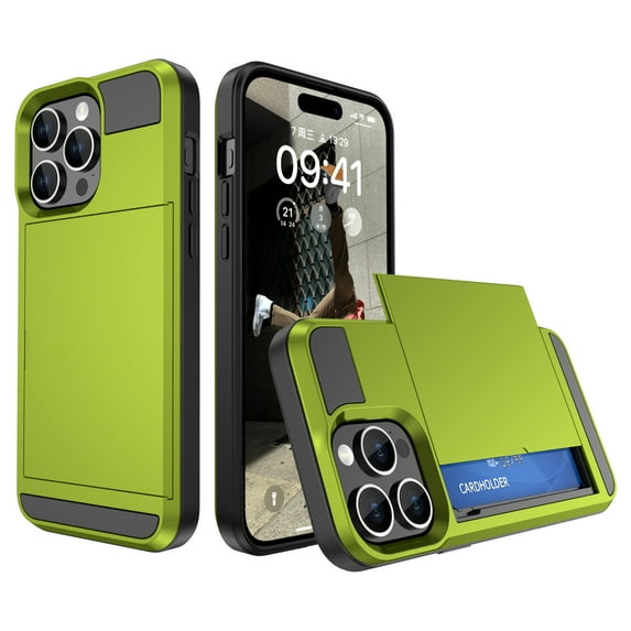 Feishell for iPhone 13 Case with ID Credit Card Holder, Dual Layer Shockproof Hidden Sliding Card Slot Wallet Anti-Scratch Hard Shell Back Cover Slim Phone Case for iPhone 13,Green