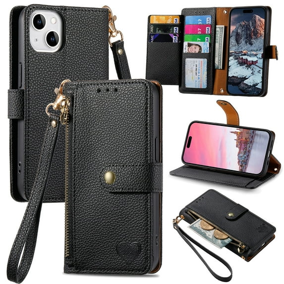 Feishell for iPhone 13 Case,RFID Blocking Wallet Case for Women Men,Premium PU Leather Credit Card Holder Zipper Pocket Magnetic Buckle Flip Kickstand Phone Case with Wrist Strap,Black
