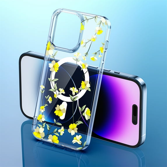 Feishell for iPhone 13 Magnetic Case with Floral Pattern High-Transparency Clear TPU Shockproof Non-Yellowing Cover, Compatible with MagSafe Wireless Charging Case,Yellow Flower