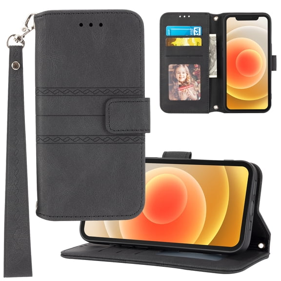 Feishell for iPhone 13 Mini Case with Detachable Wrist Strap,Premium PU Leather Drop Protection Magnetic Clasp Flip Kickstand RFID Blocking Credit Card Slots Wallet Phone Case,Black