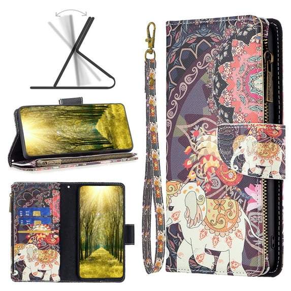 Feishell iPhone 13 Mini Case Zipper Purse Embossed Pattern Premium Leather Wallet Cover Flip Stand Card Slots Holder Magnetic with Wrist Strap Case for Apple iPhone 13 Mini, Elephant