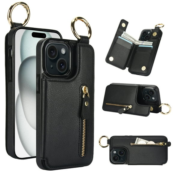 Feishell for iPhone 13 Mini Zipper Wallet Case, Premium Lychee Texture PU Leather Double Magnetic Clasp Flip Kickstand Credit Card Slots Shockproof Portable Metal Ring Hook Phone Case, Black