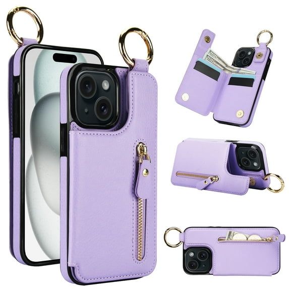 Feishell for iPhone 13 Mini Zipper Wallet Case, Premium Lychee Texture PU Leather Double Magnetic Clasp Flip Kickstand Credit Card Slots Shockproof Portable Metal Ring Hook Phone Case, Purple