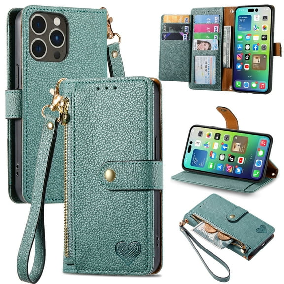 Feishell for iPhone 13 Pro Case,RFID Blocking Wallet Case for Women Men,Premium PU Leather Credit Card Holder Zipper Pocket Magnetic Buckle Flip Kickstand Phone Case with Wrist Strap,Green