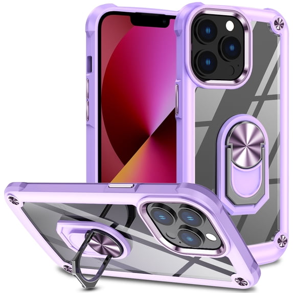 Feishell for iPhone 13 Pro Max (6.7 inch) Clear Case with Ring Holder Kickstand,Drop Protection TPU Bumper PC Hard Back Transparent Anti-scratch Hybrid Armor Slim Phone Case,Purple