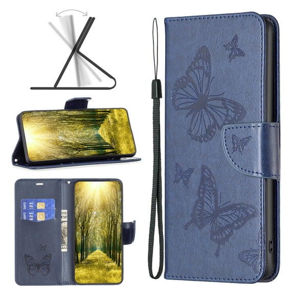 Feishell iPhone 13 Pro Max Case Butterfly Embossed Pattern Premium Leather Wallet Cover Flip Stand Card Slots Holder Magnetic with Wrist Strap Case for Apple iPhone 13 Pro Max, Blue