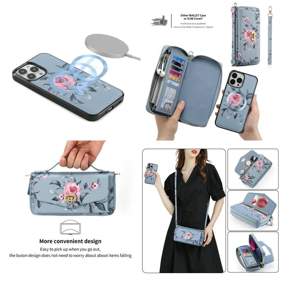 Feishell for iPhone 13 Pro Max Crossbody Wallet Detachable Case,Support Magsafe Charging,Flower Pattern PU Leather RFID Blocking Multi Card Slots Zipper Phone Case with Shoulder & Hand Strap,Grey