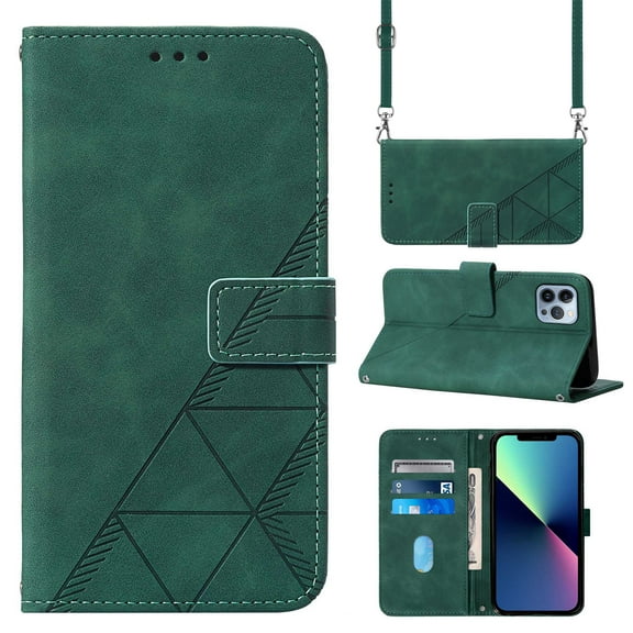 Feishell for iPhone 13 Pro Max Crossbody Wallet Phone Case with Removable Adjustable Shoulder Strap,Premium PU Leather Magnetic Clasp Flip Stand Card Slots Protective Cover for Women Men,Darkgreen