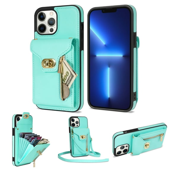 Feishell for iPhone 13 Pro Max Crossbody Zipper Wallet Phone Case,Premium PU Leather Kickstand Metal Buckle Credit Card Slots Shockproof Purse Phone Case with Detachable Shoulder Strap,Mint