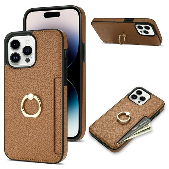 Feishell for iPhone 13 Pro Max Wallet Case with Card Holder, 360°Rotation Ring Holder Kickstand, Premium PU Leather RFID Blocking Card Pocket Protective Cover For iPhone 13 Pro Max, Brown