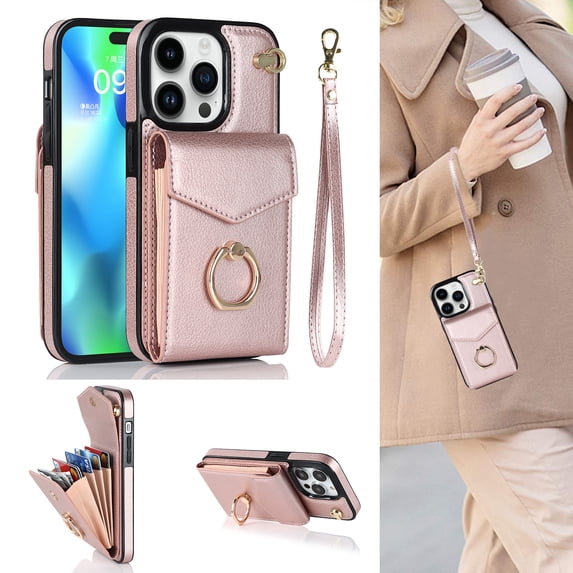 Feishell for iPhone 13 Pro Max Wallet Case, RFID Blocking Card Slots Magnetic Case Glossy PU Leather Finger Ring Holder Kickstand Wrist Strap Handbag Cover for iPhone 13 Pro Max,Rosegold