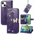 thumbnail image 1 of Feishell for iPhone 13 Wallet Case for Women Girls,Bling Diamond Butterfly Embossed PU Leather Magnetic Clasp Flip Kickstand ID Credit Card Slots Phone Case with Wrist Strap,Purple, 1 of 10