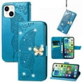 thumbnail image 1 of Feishell for iPhone 13 Wallet Case for Women Girls,Bling Diamond Butterfly Embossed PU Leather Magnetic Clasp Flip Kickstand ID Credit Card Slots Phone Case with Wrist Strap,Blue, 1 of 9