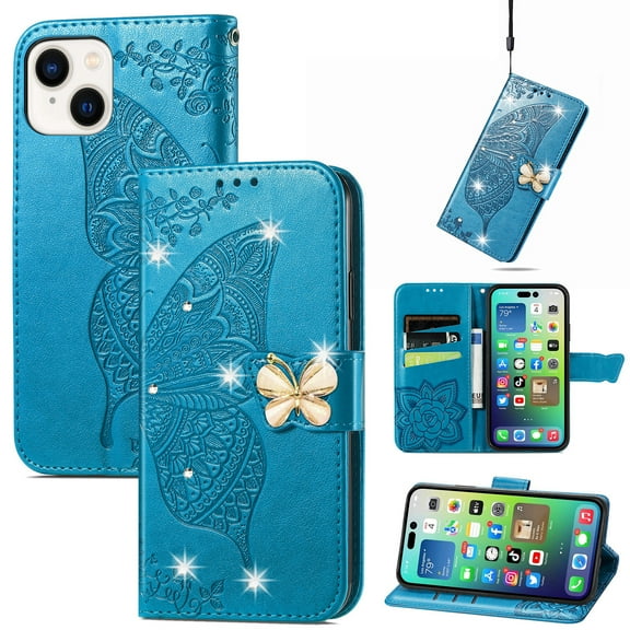 Feishell for iPhone 13 Wallet Case for Women Girls,Bling Diamond Butterfly Embossed PU Leather Magnetic Clasp Flip Kickstand ID Credit Card Slots Phone Case with Wrist Strap,Blue