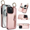 thumbnail image 1 of Feishell for iPhone 13 Zipper Wallet Case, Premium Lychee Texture PU Leather Double Magnetic Clasp Flip Kickstand Credit Card Slots Shockproof Portable Metal Ring Hook Phone Case, Rosegold, 1 of 9