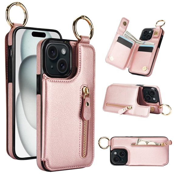 Feishell for iPhone 13 Zipper Wallet Case, Premium Lychee Texture PU Leather Double Magnetic Clasp Flip Kickstand Credit Card Slots Shockproof Portable Metal Ring Hook Phone Case, Rosegold