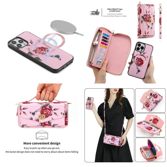 Feishell for iPhone 13 mini Crossbody Wallet Detachable Case,Support Magsafe Charging,Flower Pattern PU Leather RFID Blocking Multi Card Slots Zipper Phone Case with Shoulder & Hand Strap,Pink