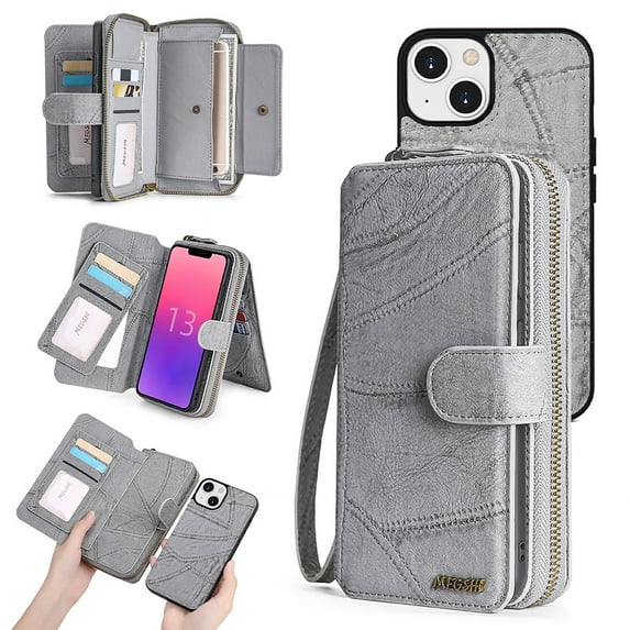 Feishell for iPhone 13 mini Multi-Function Wallet Case, with Wrist Strap, Premium PU Leather 2 in 1 Magnetic Detachable Purse 14 Card Holder Slots Zipper Pocket Phone Case for Women Men,Gray
