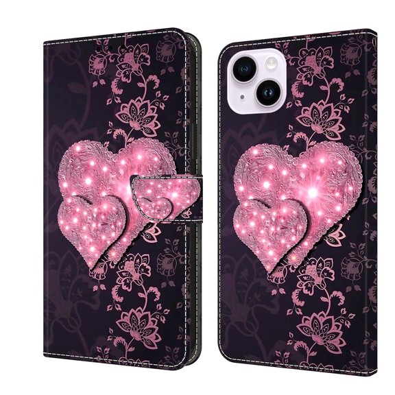 Feishell for iPhone 14 6.1 inch Slim Wallet Case with Fashion Colorful Pattern Painted,Luxury PU Leather Magnetic Flip Stand Card Slots Pocket Phone Case,Lace Heartbeat
