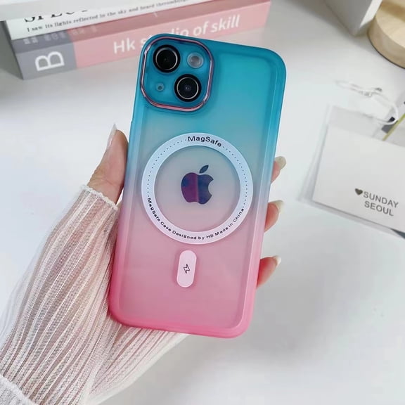 Feishell for iPhone 14 6.1 inch Wireless Charging Slim Case,Stylish Gradient Color Soft TPU Silicone Shockproof Camera Lens Protective Anti-Scratch Back Cover.For iPhone 14,Green&Pink