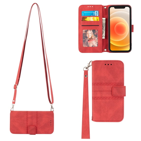 Feishell iPhone 14 Case with Credit Cards Holder, Wallet Magnetic Crossbody Shoulder Strap Flip Stand Purse Premium PU Leather Cover For iPhone 14, Red