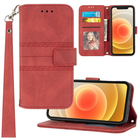 Feishell for iPhone 14 Case with Detachable Wrist Strap,Premium PU Leather Drop Protection Magnetic Clasp Flip Kickstand RFID Blocking Credit Card Slots Wallet Phone Case,Red