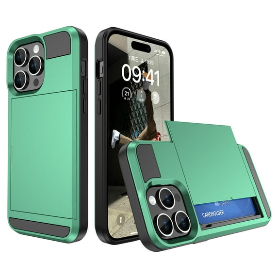 Feishell for iPhone 14 Case with ID Credit Card Holder, Dual Layer Shockproof Hidden Sliding Card Slot Wallet Anti-Scratch Hard Shell Back Cover Slim Phone Case for iPhone 14,Mint
