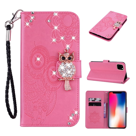 Feishell iPhone 14 Case Owl Pattern Glitter Sparkly Gems Shockproof PU Leather Wallet Cover Flip Stand Card Slots Magnetic Diamond Bling Folio Case for Apple iPhone 14, Rosegold