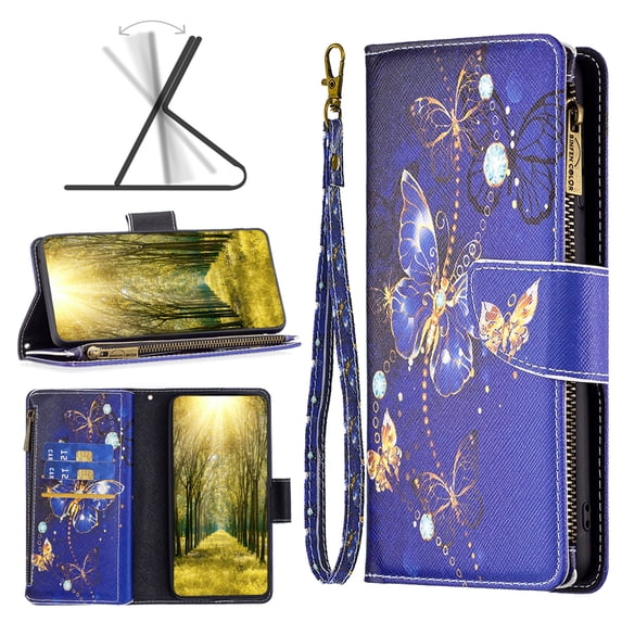 Feishell iPhone 14 Case Zipper Purse Embossed Pattern Premium Leather Wallet Cover Flip Stand Card Slots Holder Magnetic with Wrist Strap Case for Apple iPhone 14, Purple Butterfly