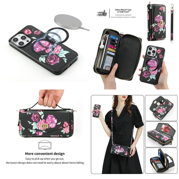 Feishell for iPhone 14 Crossbody Wallet Detachable Case,Support Magsafe Charging,Flower Pattern PU Leather RFID Blocking Multi Card Slots Zipper Phone Case with Shoulder & Hand Strap,Black