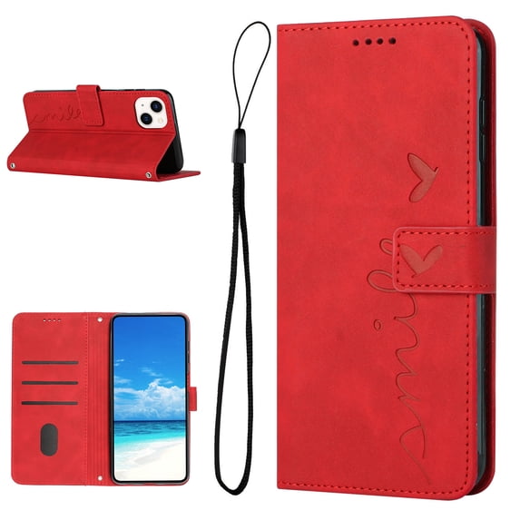 Feishell for iPhone 14 Plus 6.7 inch Wallet Case,for Women Men,Love Heart Pattern Embossed Plain PU Leather Magnetic Clasp Credit Card Slots Folio Flip Kickstand Phone Cover,Red