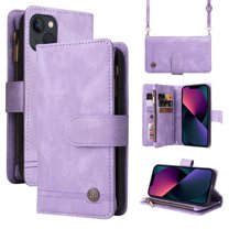 Feishell for iPhone 14 Plus 6.7 inch Zipper Wallet Case with Wrist Strap & Shoulder Strap,Premium PU Leather Magnetic Clasp Flip Holder Card Slots Crossbody Phone Case for Women Men,Purple