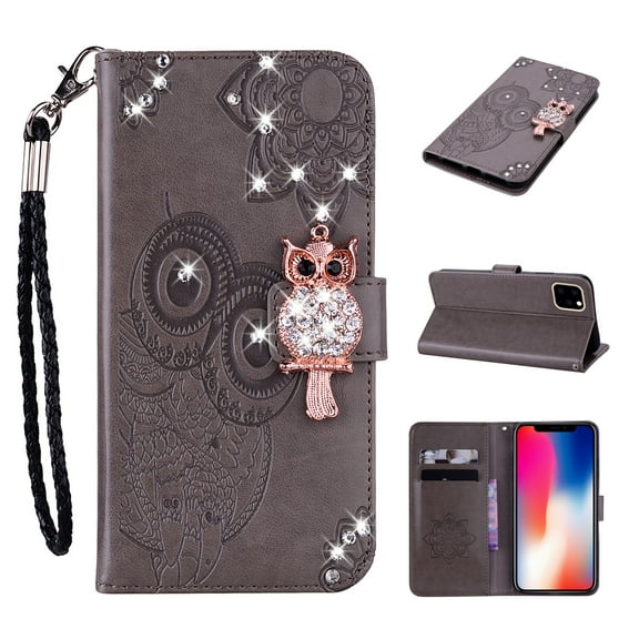 Feishell iPhone 14 Plus Case Owl Pattern Glitter Sparkly Gems Shockproof PU Leather Wallet Cover Flip Stand Card Slots Magnetic Diamond Bling Folio Case for Apple iPhone 14 Plus, Gray