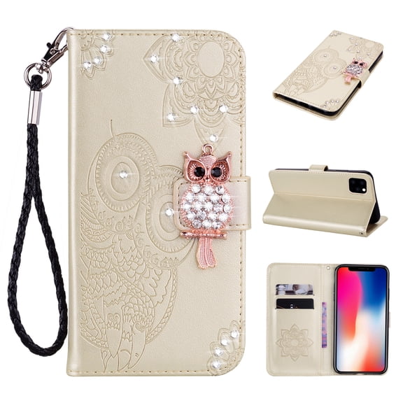 Feishell iPhone 14 Plus Case Owl Pattern Glitter Sparkly Gems Shockproof PU Leather Wallet Cover Flip Stand Card Slots Magnetic Diamond Bling Folio Case for Apple iPhone 14 Plus, Gold