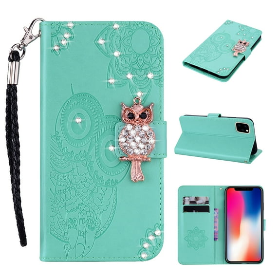 Feishell iPhone 14 Plus Case Owl Pattern Glitter Sparkly Gems Shockproof PU Leather Wallet Cover Flip Stand Card Slots Magnetic Diamond Bling Folio Case for Apple iPhone 14 Plus, Green