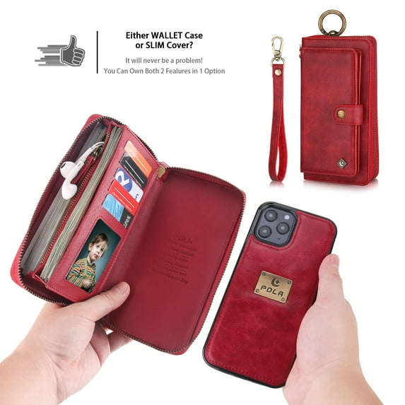 Feishell iPhone 14 Plus Case, Premium Leather Folio Removable Wallet Case Zipper Coin Pouch Cover with Zip Purse ID Credit Card Holder & Detachable Magnetic Case For Apple iPhone 14 Plus, Red