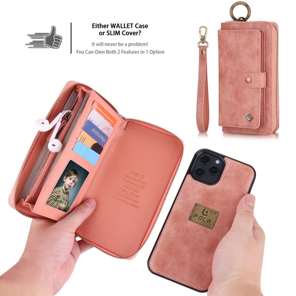 Feishell iPhone 14 Plus Case, Premium Leather Folio Removable Wallet Case Zipper Coin Pouch Cover with Zip Purse ID Credit Card Holder & Detachable Magnetic Case For Apple iPhone 14 Plus, Pink