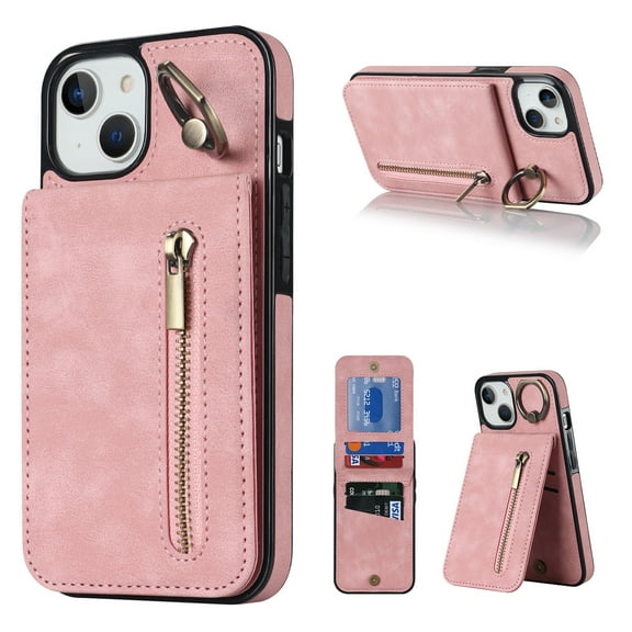 Feishell for iPhone 14 Plus, Case Wallet with Card Holder Functional Two Way Kickstand Durable Zipper Pocket RFID Blocking Leather Slim Protective Leather For iPhone 14 Plus, Pink