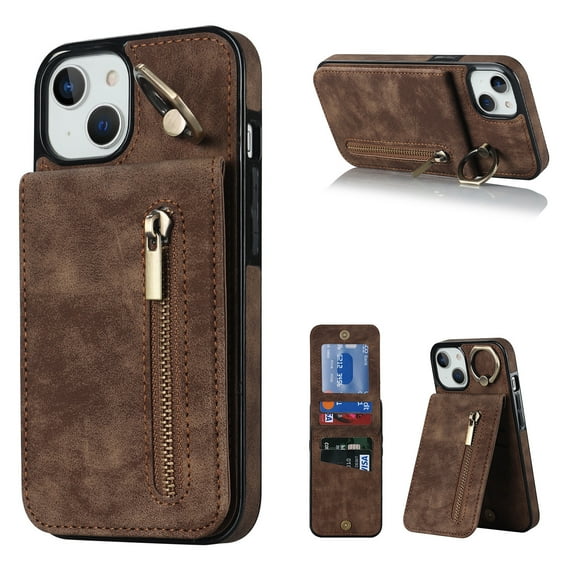 Feishell for iPhone 14 Plus, Case Wallet with Card Holder Functional Two Way Kickstand Durable Zipper Pocket RFID Blocking Leather Slim Protective Leather For iPhone 14 Plus, Brown