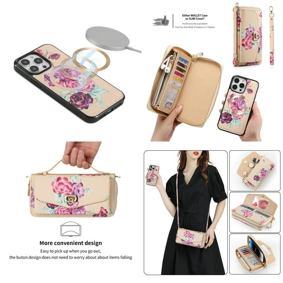 Feishell for iPhone 14 Plus Crossbody Wallet Detachable Case,Support Magsafe Charging,Flower Pattern PU Leather RFID Blocking Multi Card Slots Zipper Phone Case with Shoulder & Hand Strap,Yellow