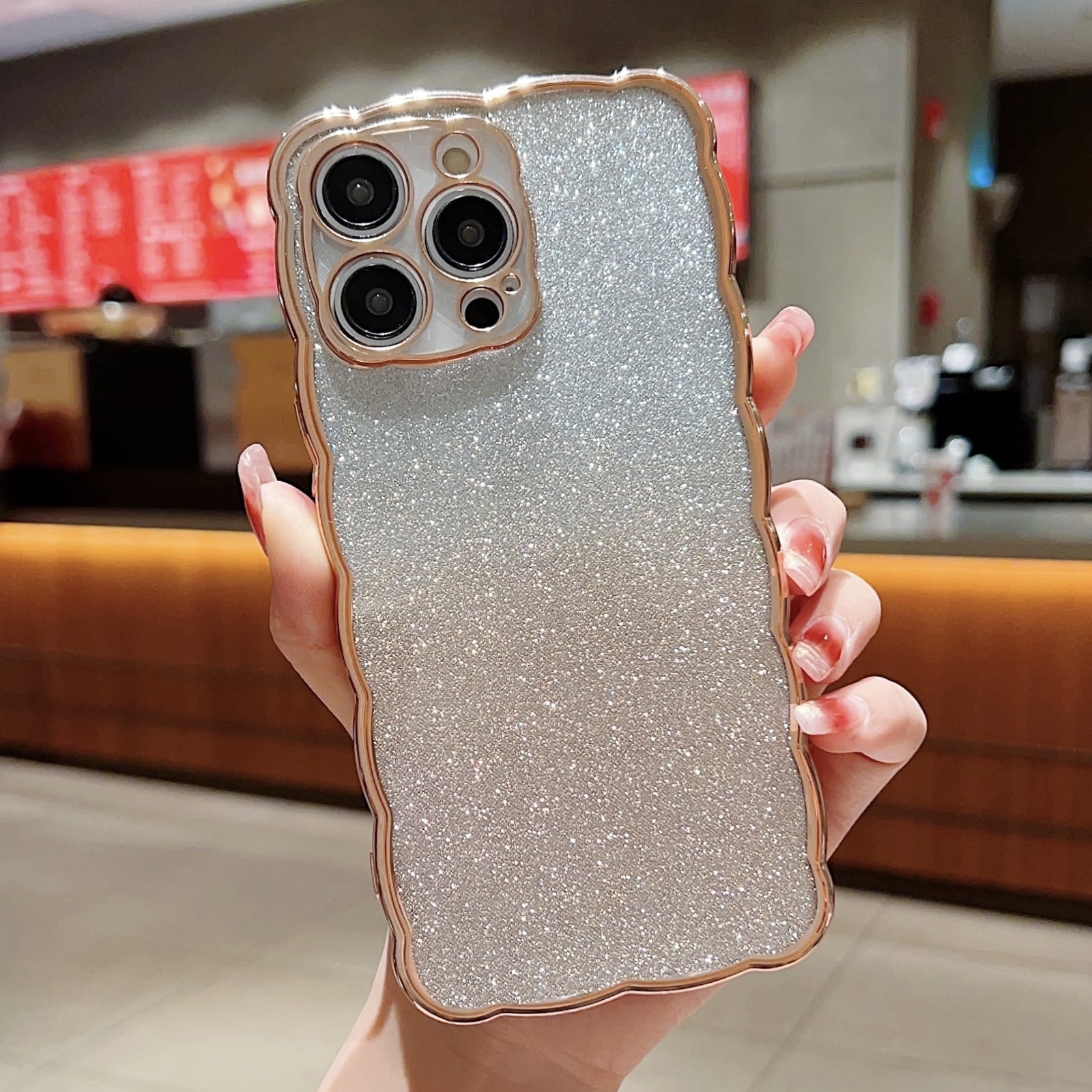 Feishell for iPhone 14 Plus, Luxury Bling Camera Lens Sparkly Slim Clear Back & Glitter Paper