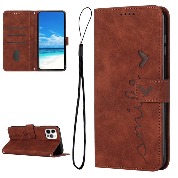 Feishell for iPhone 14 Pro 6.1 inch Wallet Case,for Women Men,Love Heart Pattern Embossed Plain PU Leather Magnetic Clasp Credit Card Slots Folio Flip Kickstand Phone Cover,Brown