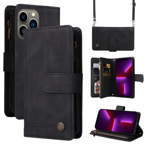 Feishell for iPhone 14 Pro 6.1 inch Zipper Wallet Case with Wrist Strap & Shoulder Strap,Premium PU Leather Magnetic Clasp Flip Holder Card Slots Crossbody Phone Case for Women Men,Black