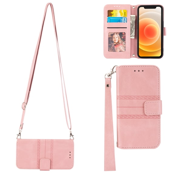 Feishell iPhone 14 Pro Case with Credit Cards Holder, Wallet Magnetic Crossbody Shoulder Strap Flip Stand Purse Premium PU Leather Cover For iPhone 14 Pro, Pink