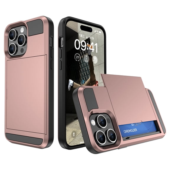 Feishell for iPhone 14 Pro Case with ID Credit Card Holder, Dual Layer Shockproof Hidden Sliding Card Slot Wallet Anti-Scratch Hard Shell Back Cover Slim Phone Case for iPhone 14 Pro,Rosegold