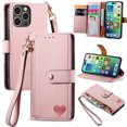 thumbnail image 1 of Feishell for iPhone 14 Pro Case,RFID Blocking Wallet Case for Women Men,Premium PU Leather Credit Card Holder Zipper Pocket Magnetic Buckle Flip Kickstand Phone Case with Wrist Strap,Pink, 1 of 10