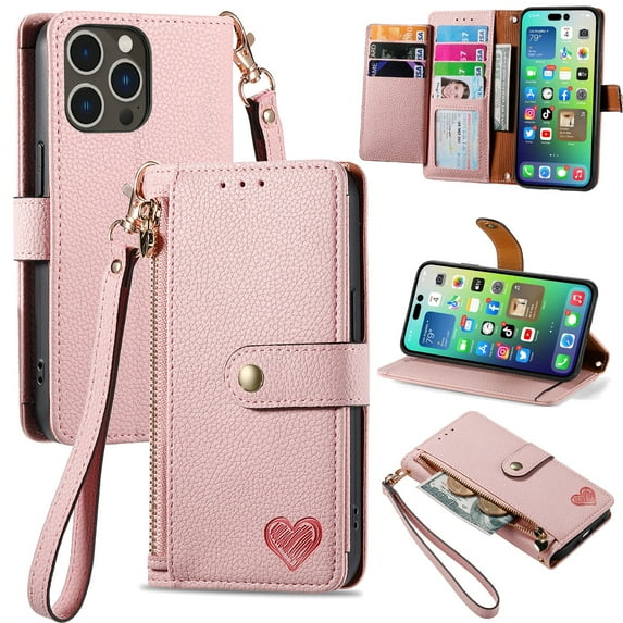 Feishell for iPhone 14 Pro Case,RFID Blocking Wallet Case for Women Men,Premium PU Leather Credit Card Holder Zipper Pocket Magnetic Buckle Flip Kickstand Phone Case with Wrist Strap,Pink