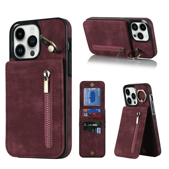 Feishell for iPhone 14 Pro, Case Wallet with Card Holder Functional Two Way Kickstand Durable Zipper Pocket RFID Blocking Leather Slim Protective Leather For iPhone 14 Pro, Winered