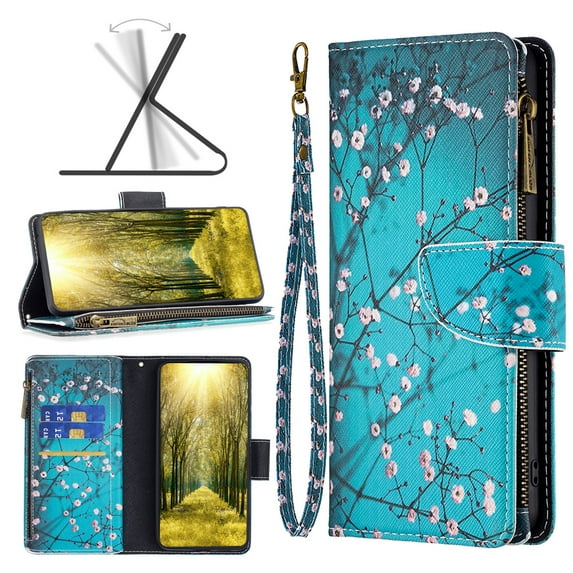 Feishell iPhone 14 Pro Case Zipper Purse Embossed Pattern Premium Leather Wallet Cover Flip Stand Card Slots Holder Magnetic with Wrist Strap Case for Apple iPhone 14 Pro, Plum Blossom